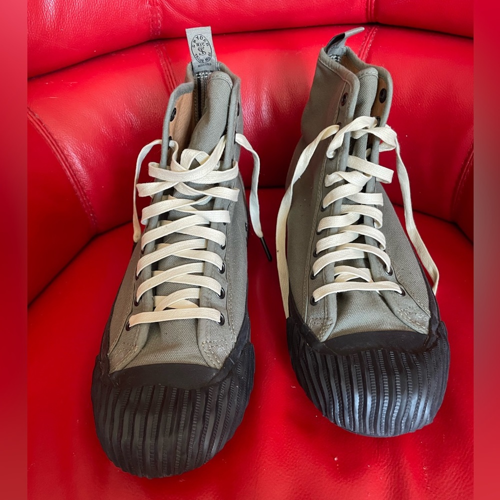 P.F. Flyers Olive Canvas High-Top Sneakers with Cream Laces - Picture 2 of 10